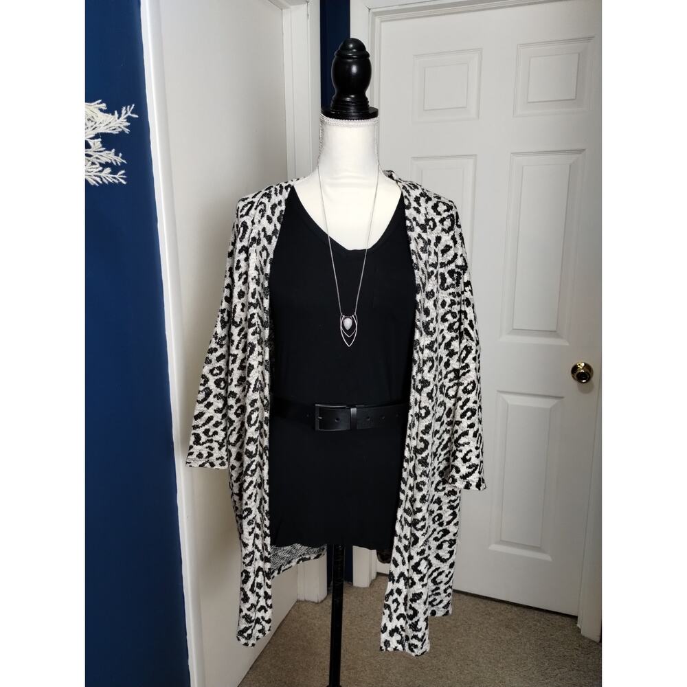 Open Cardigan Kimono Knit Cotton‎ Beige Black Animal Print